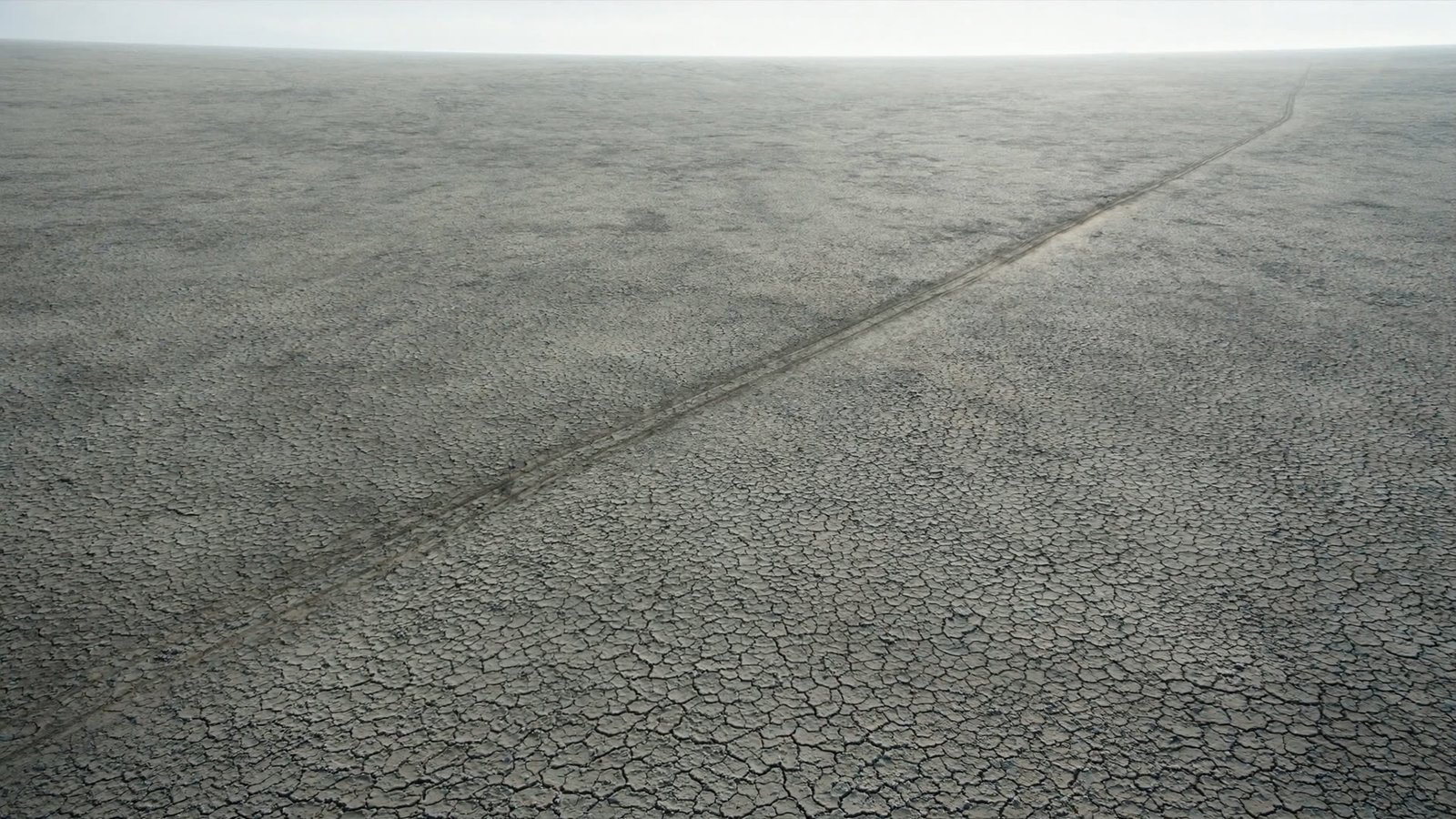 The vast cracked earth of dry Lake Iriki with a single 4x4 track crossing it